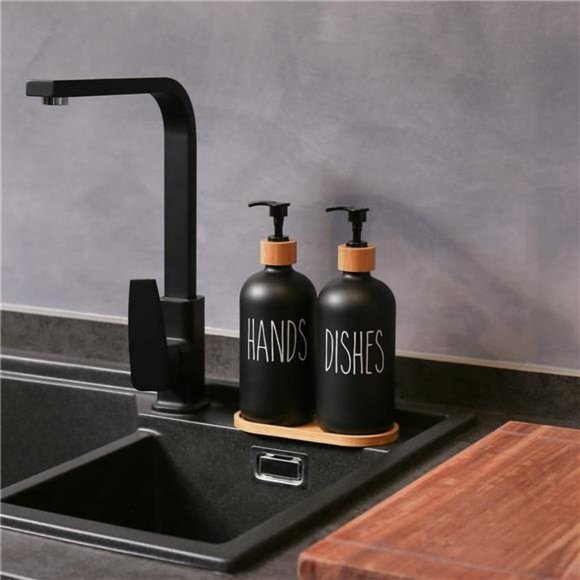 Glass Soap Dispenser Set for Hand and Dish Soap Dispenser. Matte Black - Picture 2 of 6